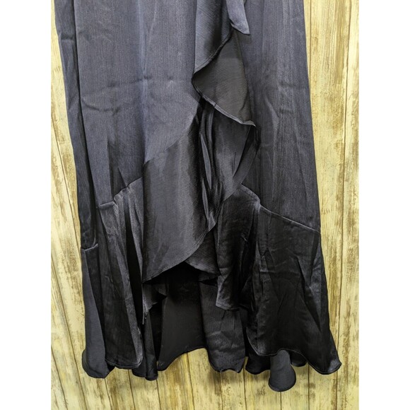 Nicole Miller Navy Blue Satin Faux Wrap High Low Midi Dress Belted Flutter Sz 10 - Picture 6 of 11